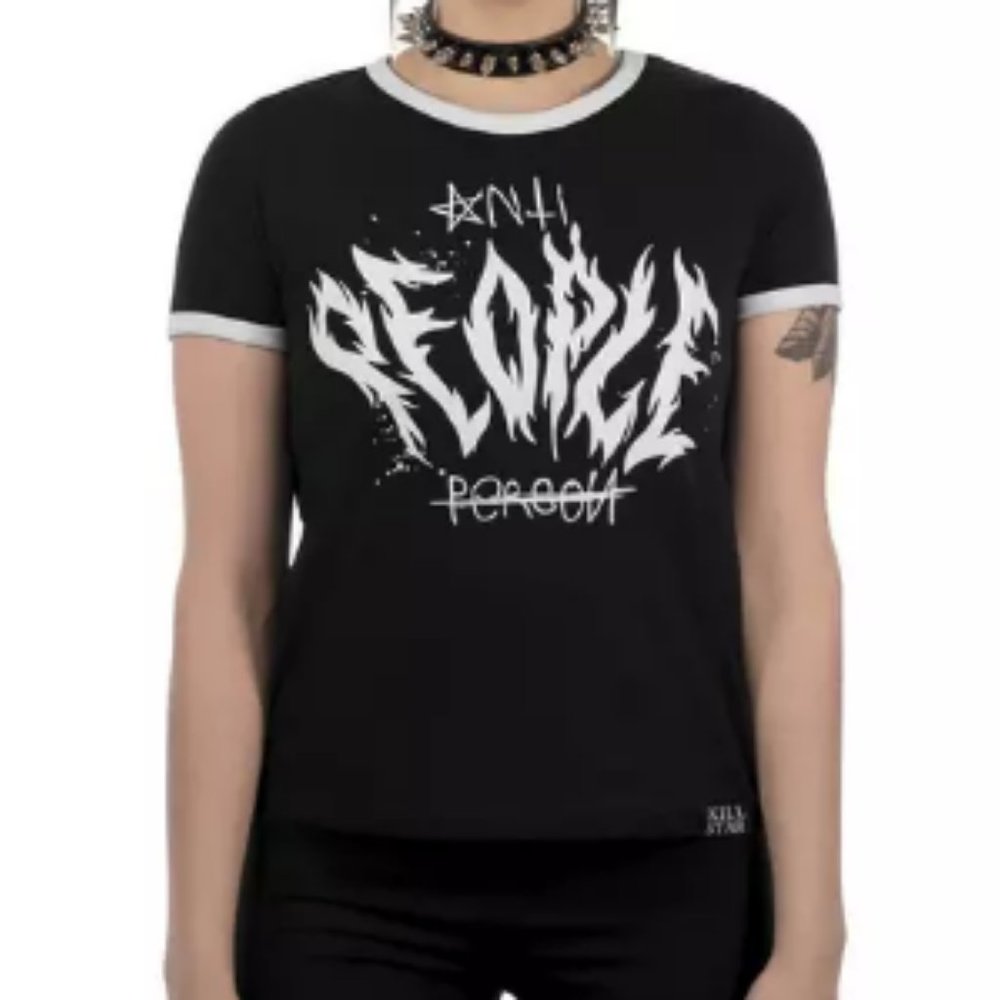 KILLSTAR Anti-People Ringer Top  Medium Black White Cotton shirt Graphic tee New